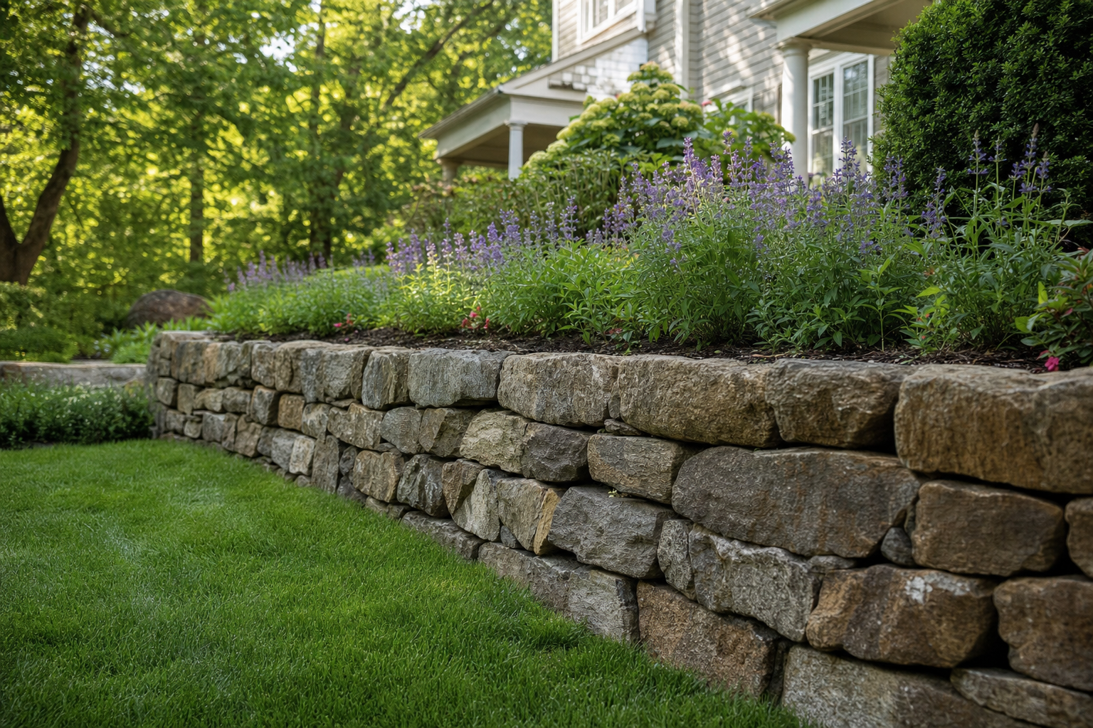 Natural stone retaining wall supporting a landscaped slope at a Hopewell, NJ home